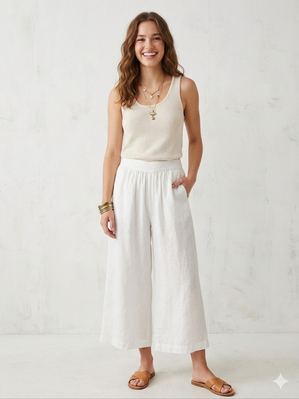 Alex & Parker linen wide leg straight wide leg crop pants Palazzo white small